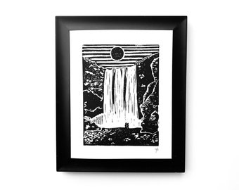 Iceland Waterfall - Linocut print - Travel art relief print - Skógafoss waterfall just outside of Reykjavik - Hand pulled relief print 8x10