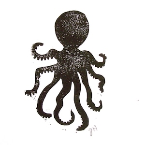 Minimal black octopus - hand pressed linocut poster 8x10 nautical marine animal wall art - Linoleum block print - Hand pulled relief print