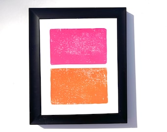 Orange and Pink Linocut print - Minimal modern two color block print - Rothko inspired poster - orange and hot pink wall art - Hand pulled