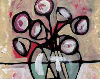 Original akrylmålning - Handmålad bukett - Abstrakt målning av en vas med blommor - Oinramad stilleben