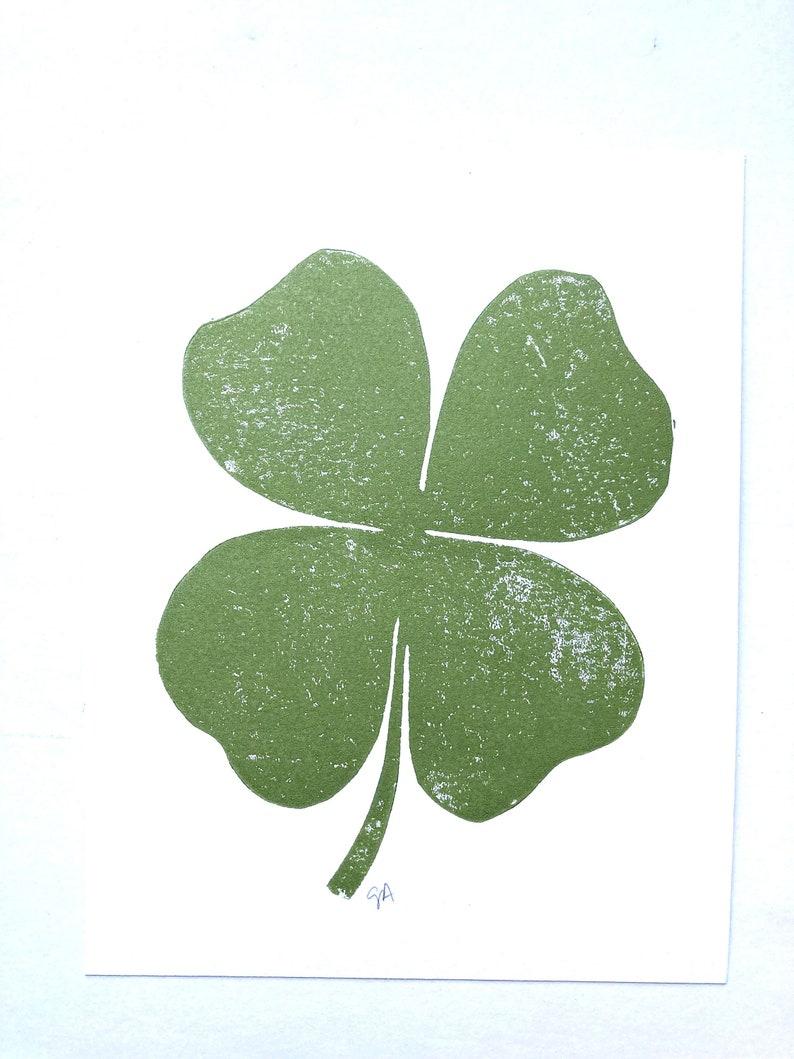 Leaf Pattern Linoleum Four Leaf Clover Linoleum Block Print - 8x10 Green Linocut Poster - St ...