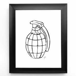Grenade print - Minimal linoleum block print - 8x10 - World war poster - Military wall art - Hand pressed linocut print - War art
