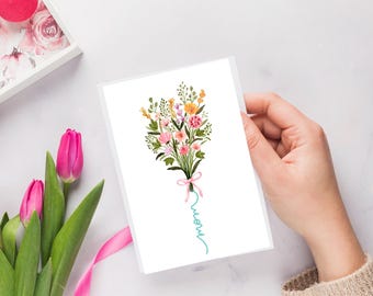 Carte de fête des mères | bouquet de fleurs avec tige de calligraphie | carte florale pour maman | Carte Maman | florale | Cadeau pour maman | Carte Maman