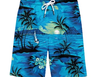May include: Blue swim trunks with a tropical print featuring palm trees, a sailboat, and a sunset over the ocean. The trunks have a white drawstring and a vibrant, detailed design.