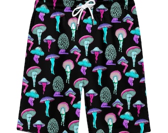 Retro Neon Mushroom Shorts, Funny Psychedelic Lounge Wear