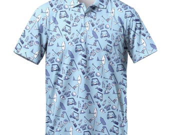 Funny Golf Pattern Polo Shirts For Men Golf Polos Blue Vintage Mens Polo Shirts Casual Short Sleeve Button Up Shirt