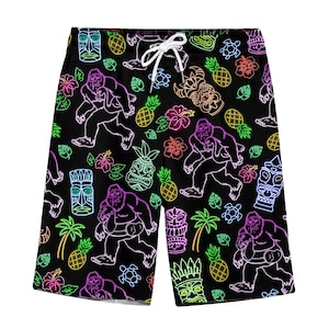 Neon Bigfoot Hawaiian shorts voor heren Sasquatch Tiki Pineapple Hawaiian herenshorts