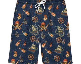 Men's Skeleton Pirate Hawaiian Shorts – Vintage Skull Beach Design