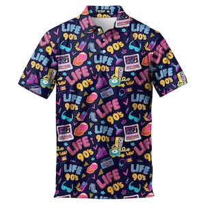 Funny Vintage 90s Disco Pattern Polo Shirts For Men Retro 80s Golf Polos Shirts Casual Short Sleeve Button Up Shirt