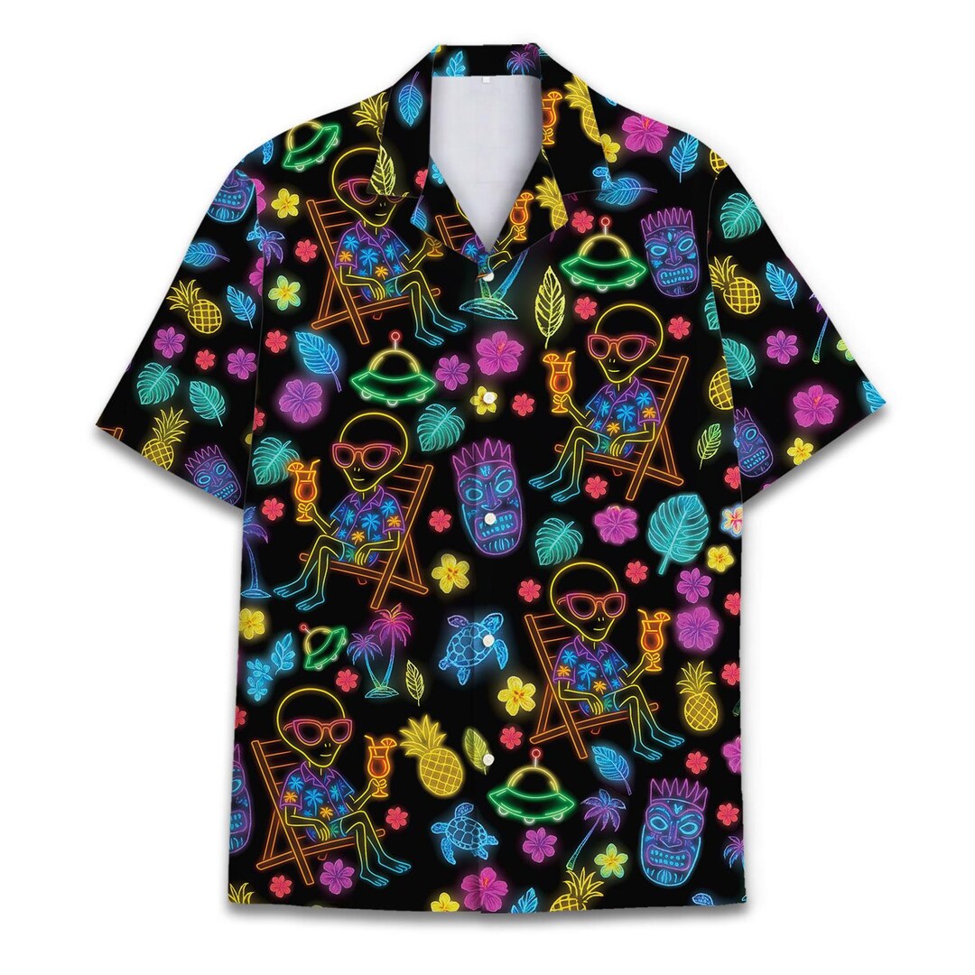 Tropical Alien Hawaiian Shirt for Men Floral Tiki Alien Short Sleeve ...