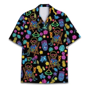 Tropical Alien Hawaiian Shirt For Men Floral Tiki Alien Short Sleeve Button Down Shirts