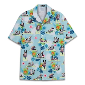 Tropical Raccoon Yoga Hawaiian Shirt For Men – Funny Racoon Floral Button Down Shirt – Summer Aloha Shirt – Animal Print Gift for Him