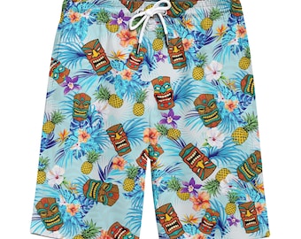 Tropical Tiki Men's Shorts – Floral Pineapple Print, Beach Vacation