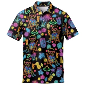 Men's Neon Alien Tropical Polo Shirt: Short Sleeve Holiday Golf Button-Up