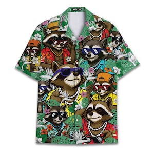 Tropical Racoon Hawaiian Shirt For Men – Vintage Raccoon Floral Button Down Shirt – Funny Summer Aloha Shirt – Gift for Racoon Lovers
