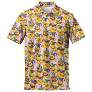 Men's Rubber Duck Polo Shirt: Festive Mardi Gras Print, Short Sleeve Golf Top