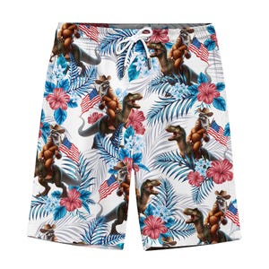 May include: White swim trunks with a pattern of raccoons riding dinosaurs, tropical flowers, and American flags.