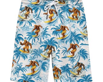 Tropical Bigfoot Surfing Hawaiian Shorts For Men Summer Beach Palm Tree Hawaiian Mens Shorts