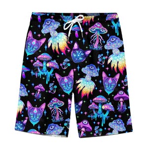 Funny Galaxy Cat Mushroom Hawaiian Shorts For Men Neon Mushroom Hawaiian Mens Shorts