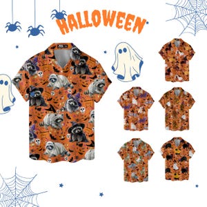 May include: Orange Halloween-themed short-sleeve shirts with a raccoon print. The raccoons are dressed in Halloween costumes, including witch hats and ghost costumes. The shirts have a button-down collar and are decorated with Halloween icons.
