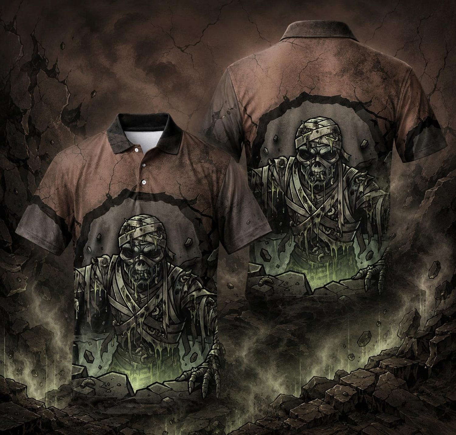 Zombie Mummy Polo Shirt, Undead Horror Halloween Top, Creepy Graveyard Party Shirt for Horror Fans