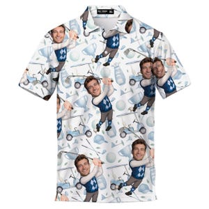 Custom With Your Face Golf Pattern Polo Shirts For Men Golf Polos Personalized Mens Shirts Button Up Shirt Gift For Him, Fathers Day Gift