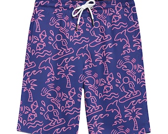 May include: Dark blue swim shorts featuring a repeating pink line-art pattern of palm trees, dolphins, fish, suns, and figures on surfboards. The shorts have an elastic waistband with a white drawstring featuring silver-toned metal aglets.