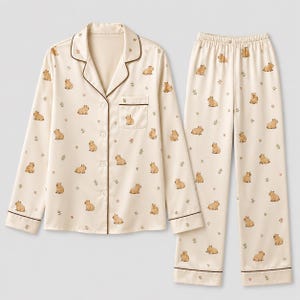 Op de afbeelding: Een crèmekleurige pyjamaset bestaande uit een overhemd met lange mouwen, knoopsluiting, reverskraag en borstzak, gecombineerd met een bijpassende broek met elastische tailleband. De stof heeft een herhalend patroon van bruine capibara's en kleine bloemen.