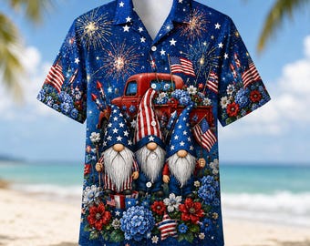 Patriotic Gnome Hawaiian Shirt, 4th of July Fireworks Aloha Shirt, American Flag Summer Party Outfit