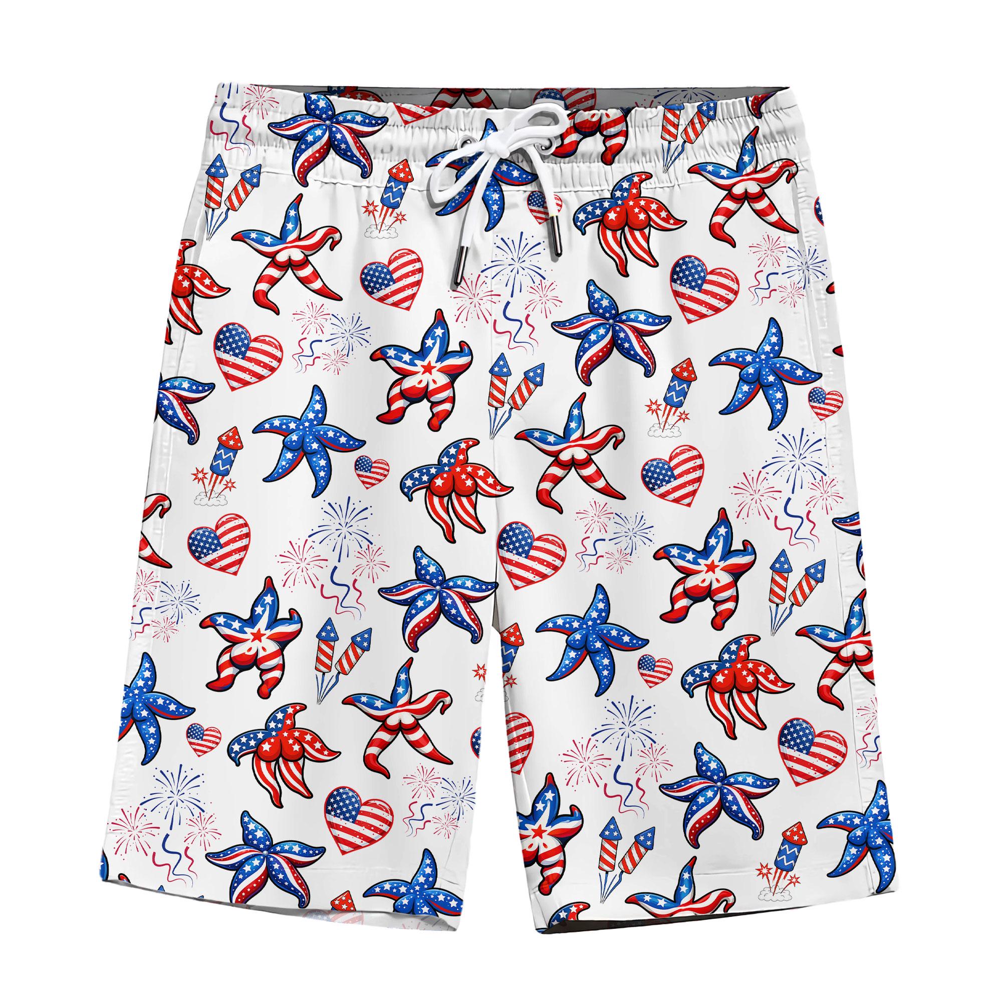 Discover Men's Patriotic Starfish Hawaiian Shorts for 4th of July Beach Swimwear