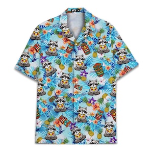 Tropical Racoon Meditating Hawaiian Shirt For Men– Raccoon Floral Button Down Shirt– Summer Shirt Gift for Him–Tiki Pineapple Aloha Shirt