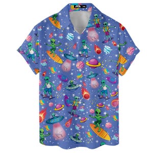 Tropisches Alien Galaxy Hawaiihemd für Männer - Skateboard Alien Button Down Shirt - Lustiges Sommer Planeten Shirt - Geschenk für Ihn