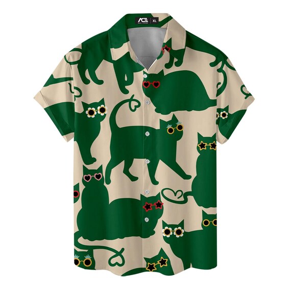 Funny Green Cat Wearing Glasses Hawaiian Shirt for Women Summer