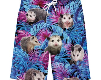 Funny Opossum Hawaiian Shorts, Tropical Mens Swim Trunks