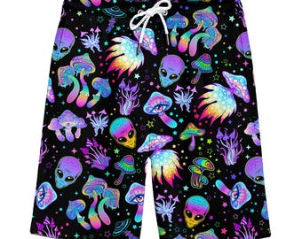 Neon Alien Mushroom Hawaiian Shorts - Men's Vintage Style