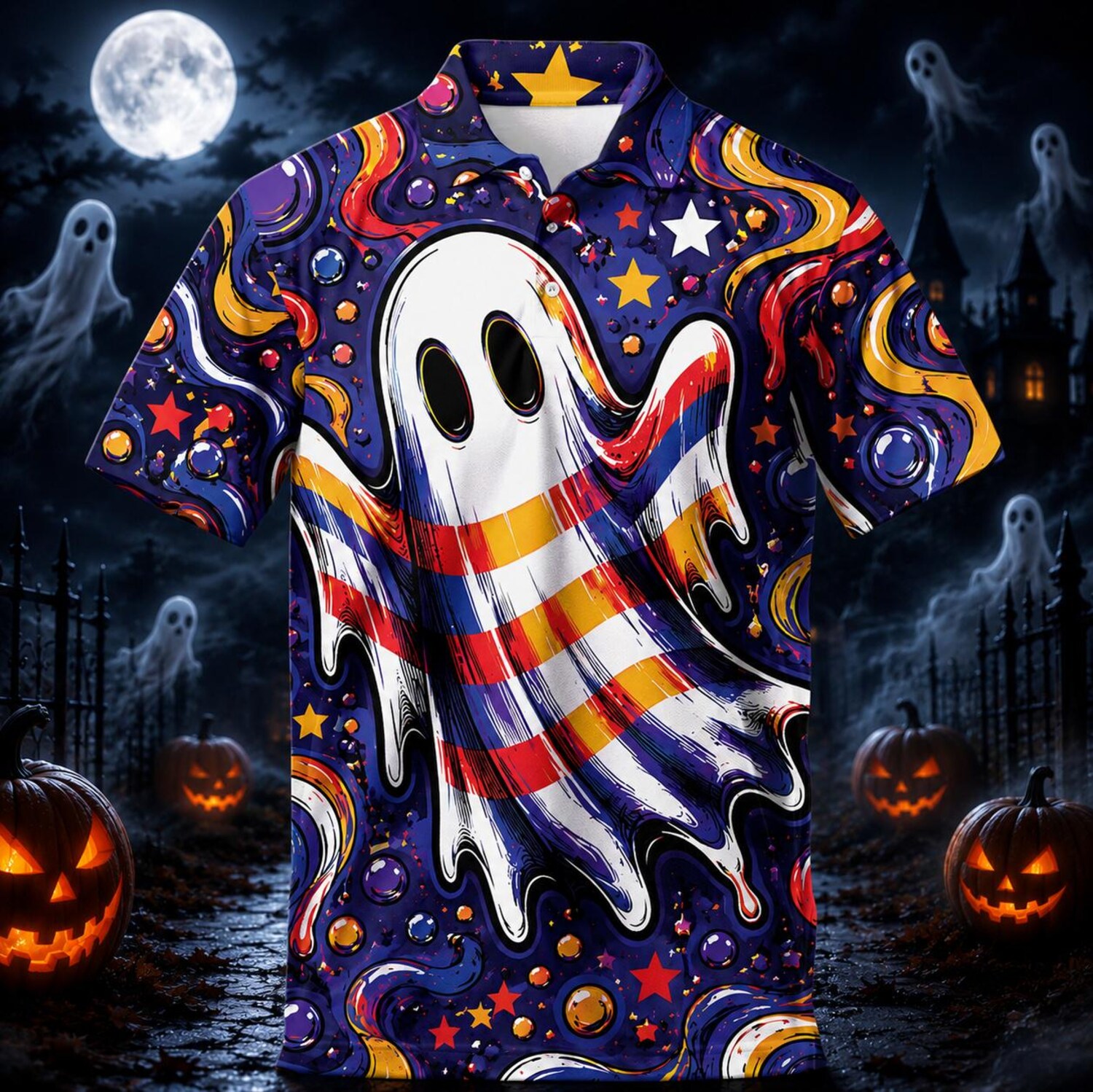 Psychedelic Ghost Polo Shirt, Colorful Retro Halloween Print, Spooky Golf and Party Shirt for Ghost Lovers