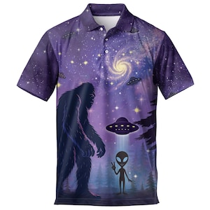 Big Foot Alien Galaxy Lustige Poloshirts für Männer Golf Polos Alien UFO Sasquatch Herren Poloshirts Kurzarm Button Up Shirt, Geschenk für ihn