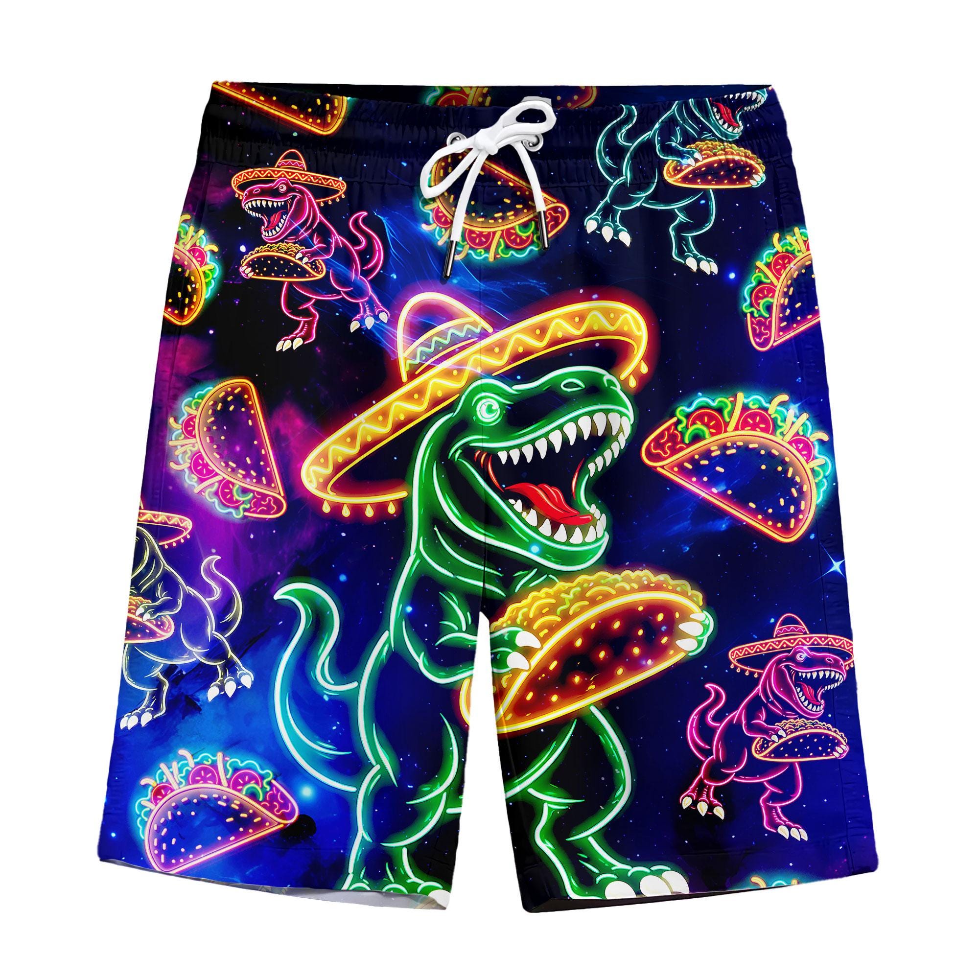 Discover Funny Dinosaur Neon Cinco De Mayo Hawaiian Shorts For Men Neon Tacos Hawaiian Beach Shorts