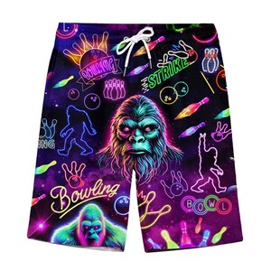 Retro neon Bigfoot Bowling Hawaiian shorts voor heren Neon Sasquatch Hawaiian herenshorts