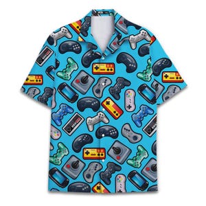 Camicia hawaiana con divertenti joystick per videogiochi, da uomo, regalo retrò, camicia hawaiana a maniche corte con bottoni.