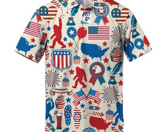 Funny Independence Day Bigfoot Pattern Polo Shirts For Men 4th Of July Golf Mens Polo Shirts USA Flag Casual Short Sleeve Button Up Shirt