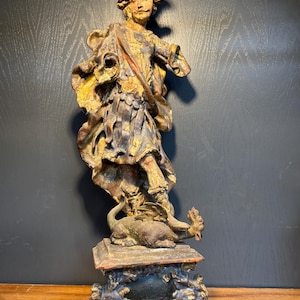 Rare Late 17 century Italian Baroque Handcarved wooden Saint George slaying the dragon statue with polychrome paint