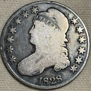 1828 Capped Bust Half Dollar. Early American Silver Coin.