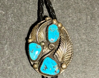 Navajo Sterling Silver and Turquoise Bolo Tie signed LP NATIVE AMERICAN