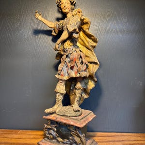 Rare Late 17 century Italian Baroque Handcarved wooden Archangel Saint Michael statue with polychrome paint