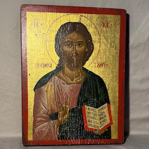 Old Byzantine type Orthodox Icon painted on canvas and mounted on old wooden panel with gold background Giltwood with Jesus oil painting