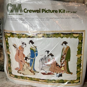 Vintage 1977 still in the package Columbia-Minerva Crewel Picture Kit &quot;Tea House&quot; design. Finished picture measures 24&quot; x 36&quot;.
