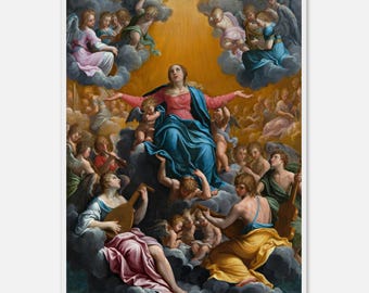 Può includere: Dipinto incorniciato in stile rinascimentale raffigurante una scena religiosa. L'opera presenta una figura centrale in una veste rosa e blu, circondata da angeli e cherubini tra le nuvole. I musicisti suonano strumenti e la tavolozza dei colori comprende oro, rosa e blu.