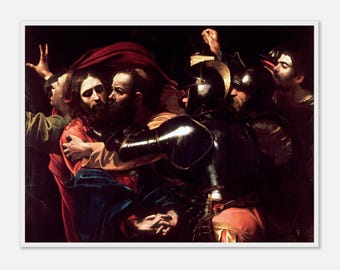 Puede incluir: Una impresión enmarcada de una pintura que representa una escena dramática con múltiples figuras. Las figuras centrales se abrazan, rodeadas por otras en varias poses. La obra de arte presenta una paleta de colores oscuros con reflejos en las figuras.
