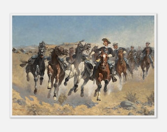 Grabado de Frederic Remington: El Cuarto Soldado, Escena a caballo del Oeste, Papel mate de archivo, Marco de madera